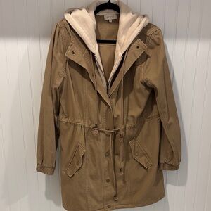 Skies Are Blue Tan Utility Jacket with Hood